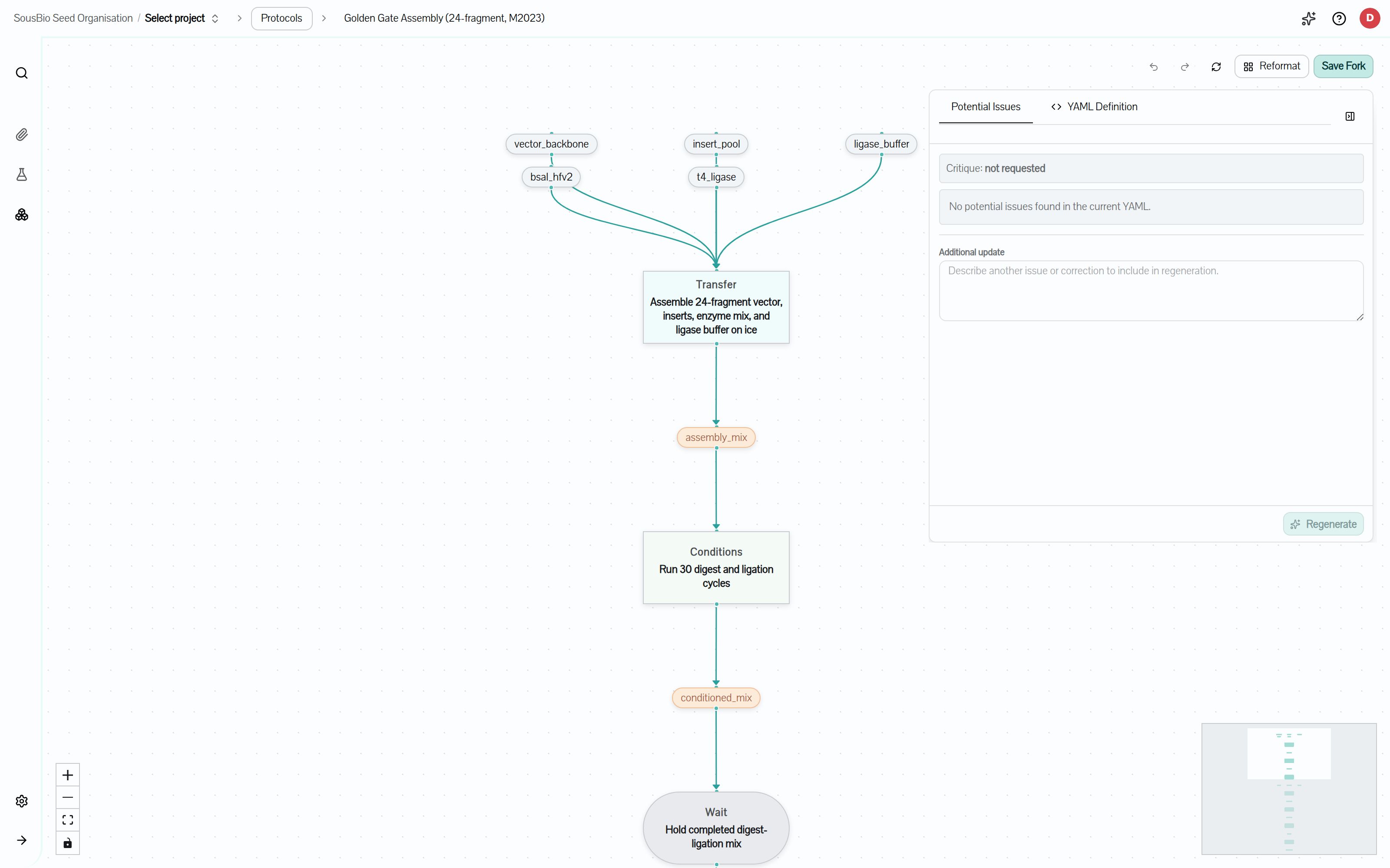 Golden Gate Assembly shown as a structured protocol with inputs, assembly steps, a validation decision, and pass or retry paths.