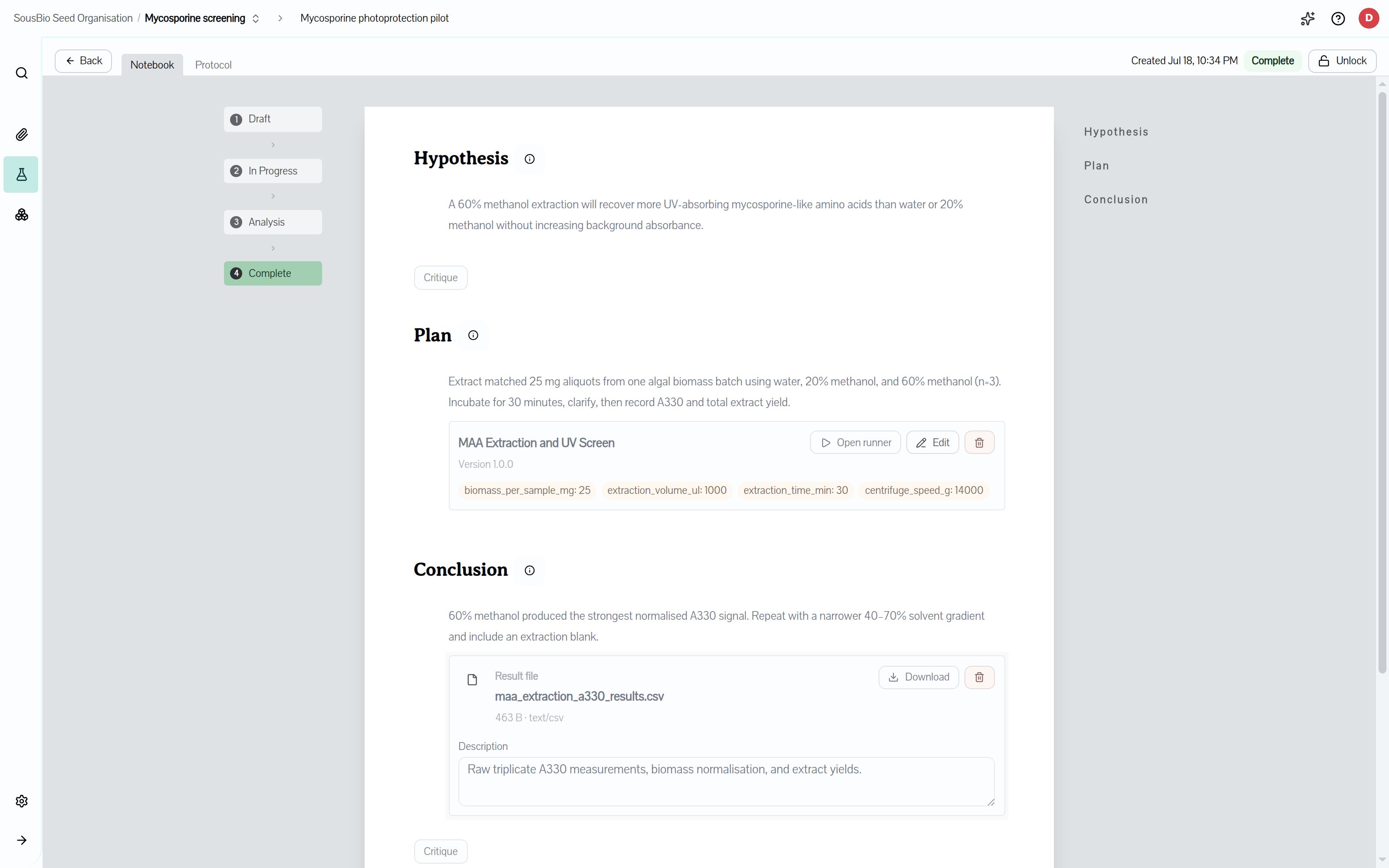 Mycosporine experiment notebook with its linked extraction protocol and CSV result file.