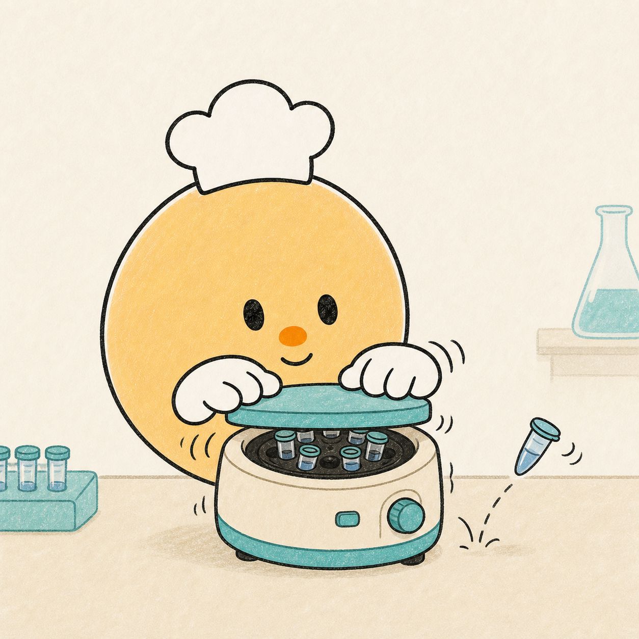 Sousy holds down the lid of a centrifuge while a microtube bounces away.