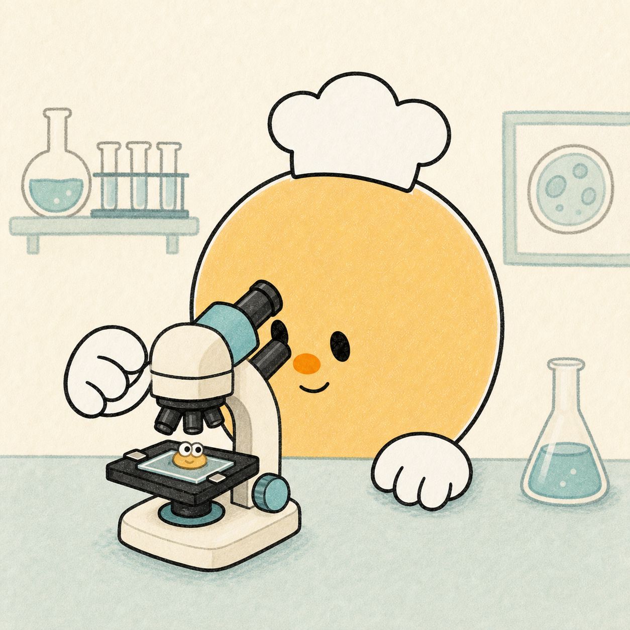Sousy looks through a microscope at a tiny sample looking back at him.