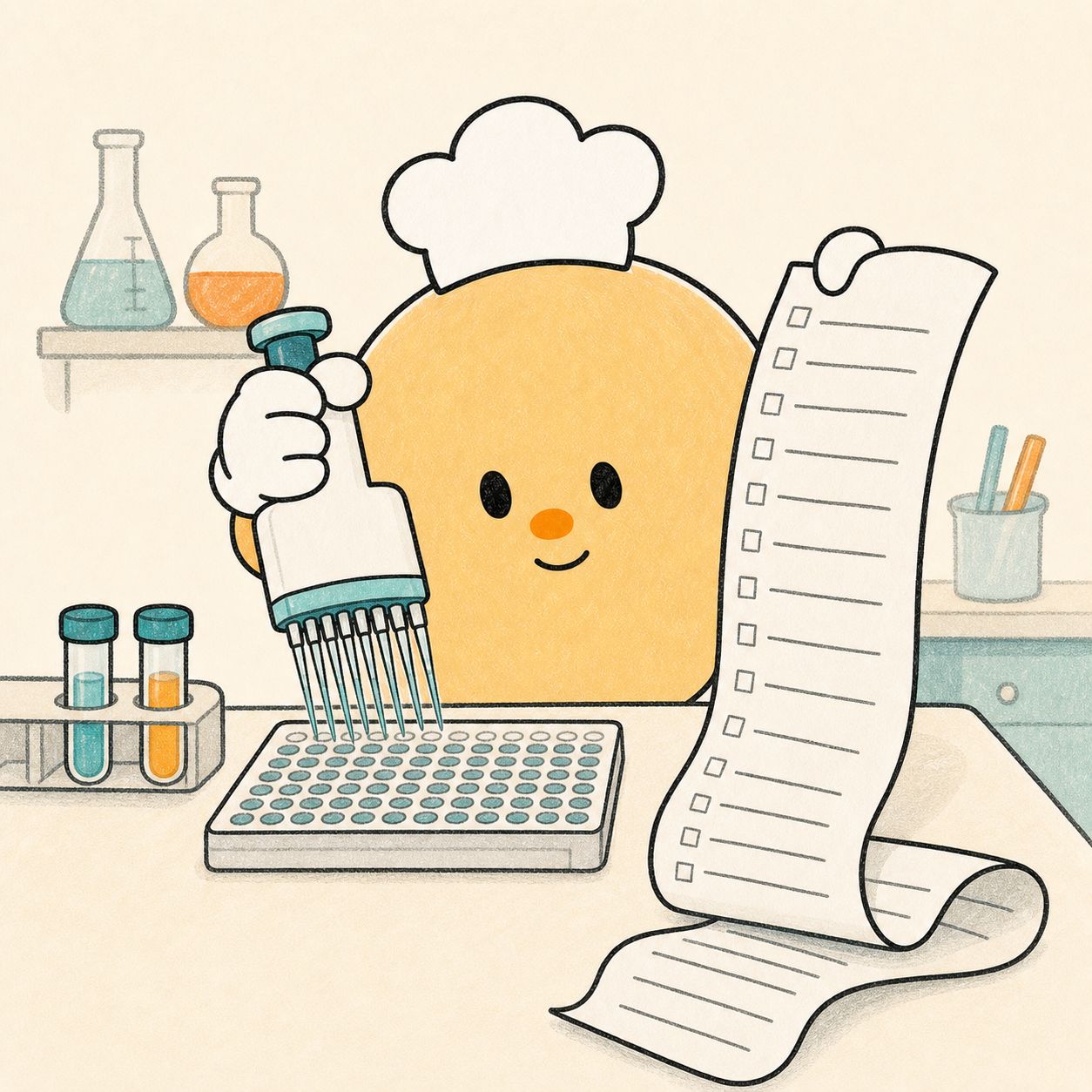 Sousy pipettes into a microplate beside an extremely long checklist.